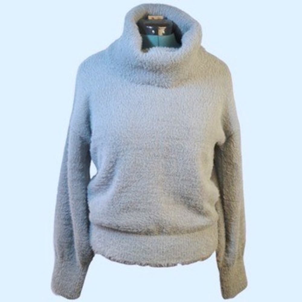 Nine West Women Vintage Blue Fuzzy Eyelash Knit Cowl Neck Pullover Sweater Large